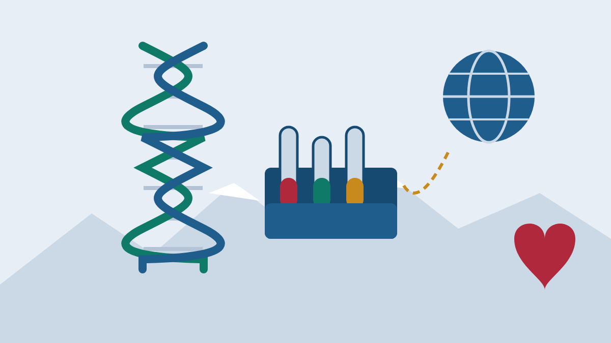 DNA को घुमाउरो आकृति, परीक्षण ट्युब, ग्लोब र मुटुको सांकेतिक चित्र